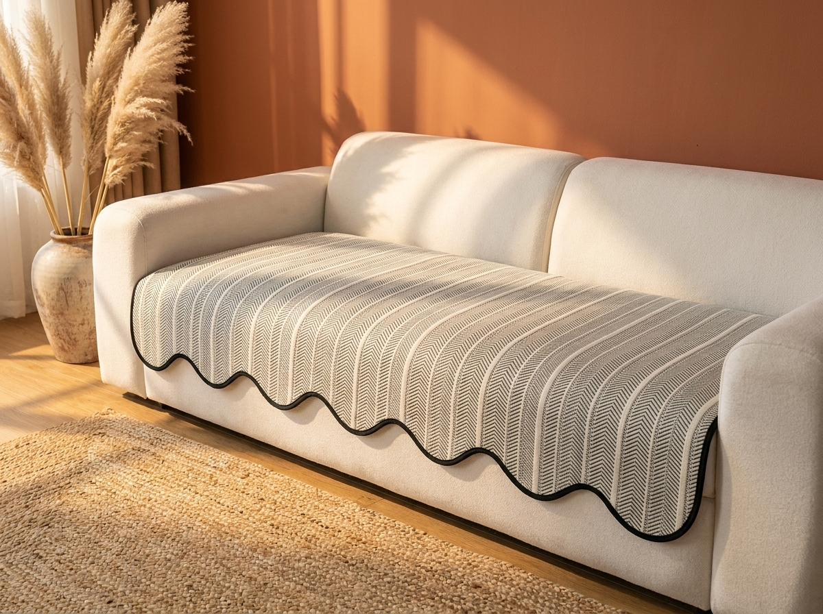 Herringbone Sofa Cover with Scalloped Edge - Multi-Use Throw