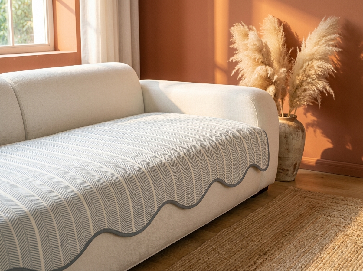 Herringbone Sofa Cover with Scalloped Edge - Multi-Use Throw
