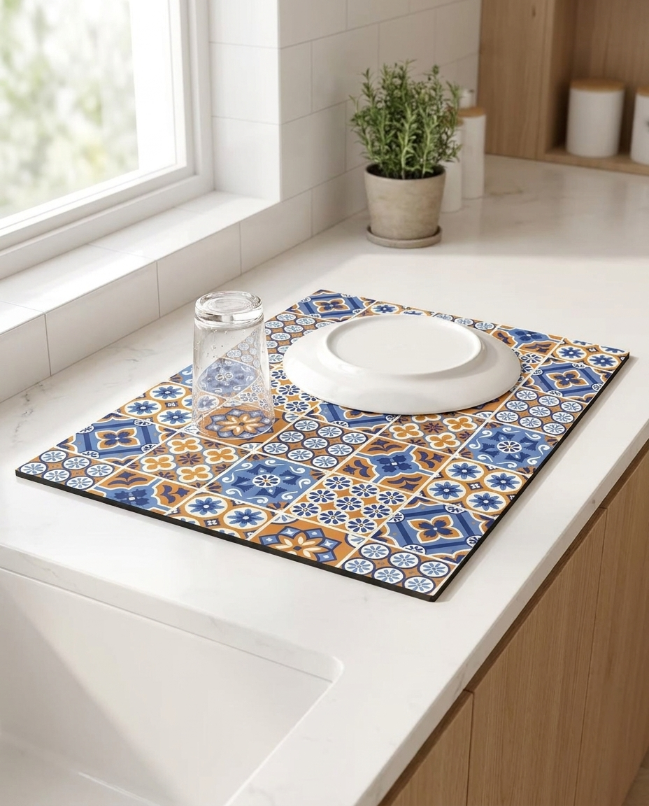 Retro Tile Design Absorbent Coffee Mat - Wooden Squares