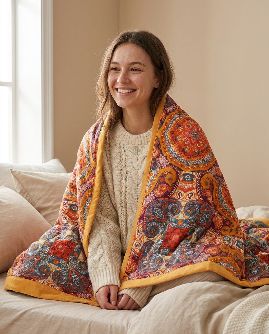 Sunrise Boho Reversible Blanket - model shot