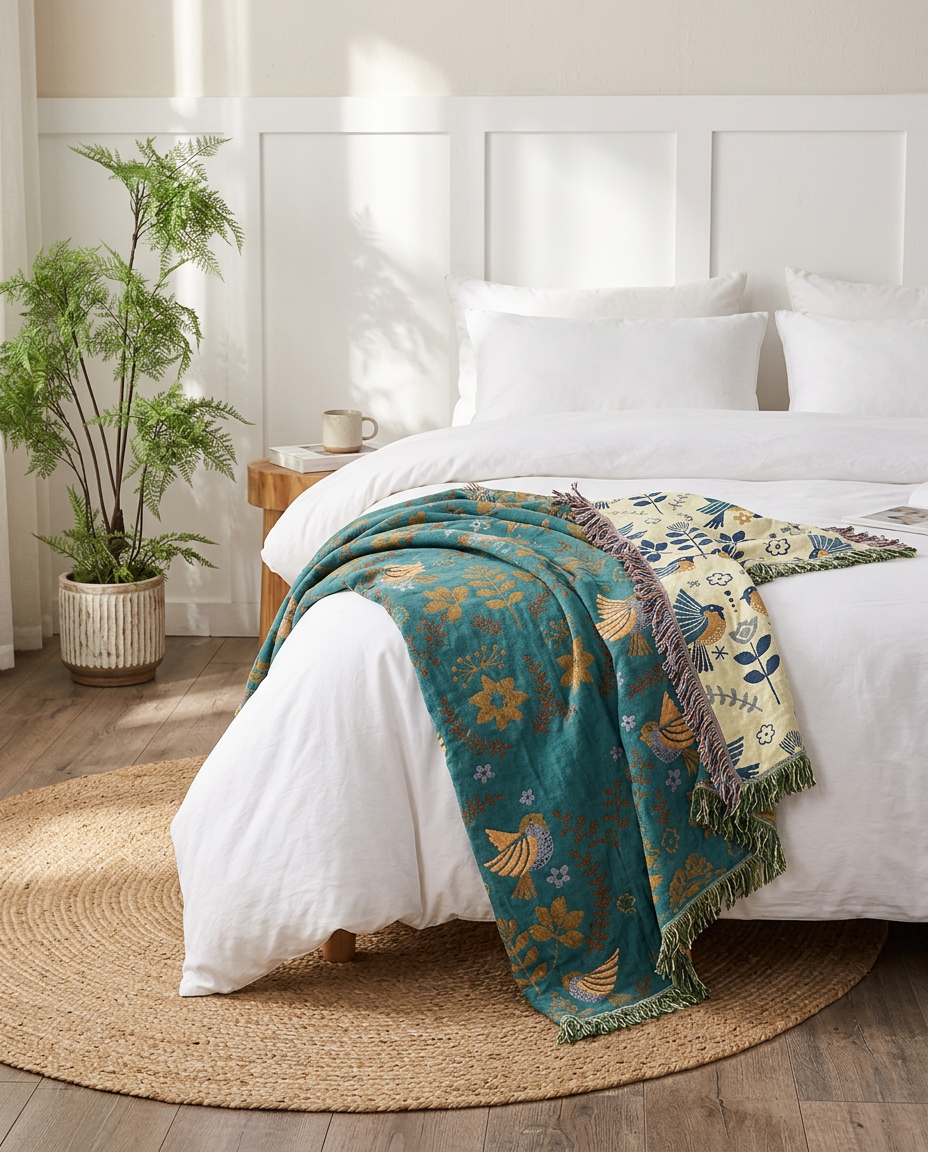 Reversible Scandinavian Bird Blanket - bed lifestyle