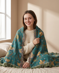 Reversible Scandinavian Bird Blanket - model shot