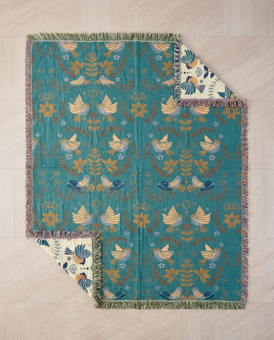 Reversible Scandinavian Bird Blanket - flat lay