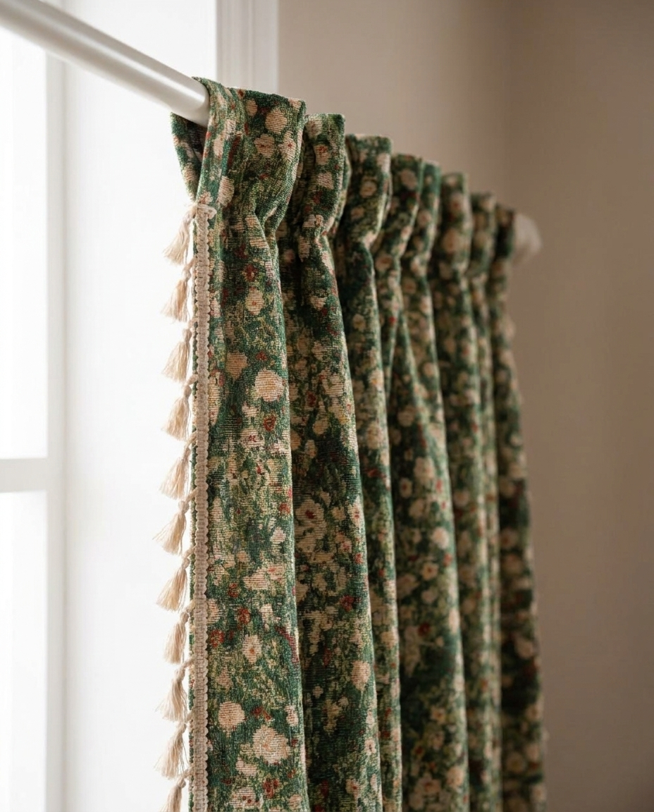 French Vintage Floral Tapestry Curtain - header detail