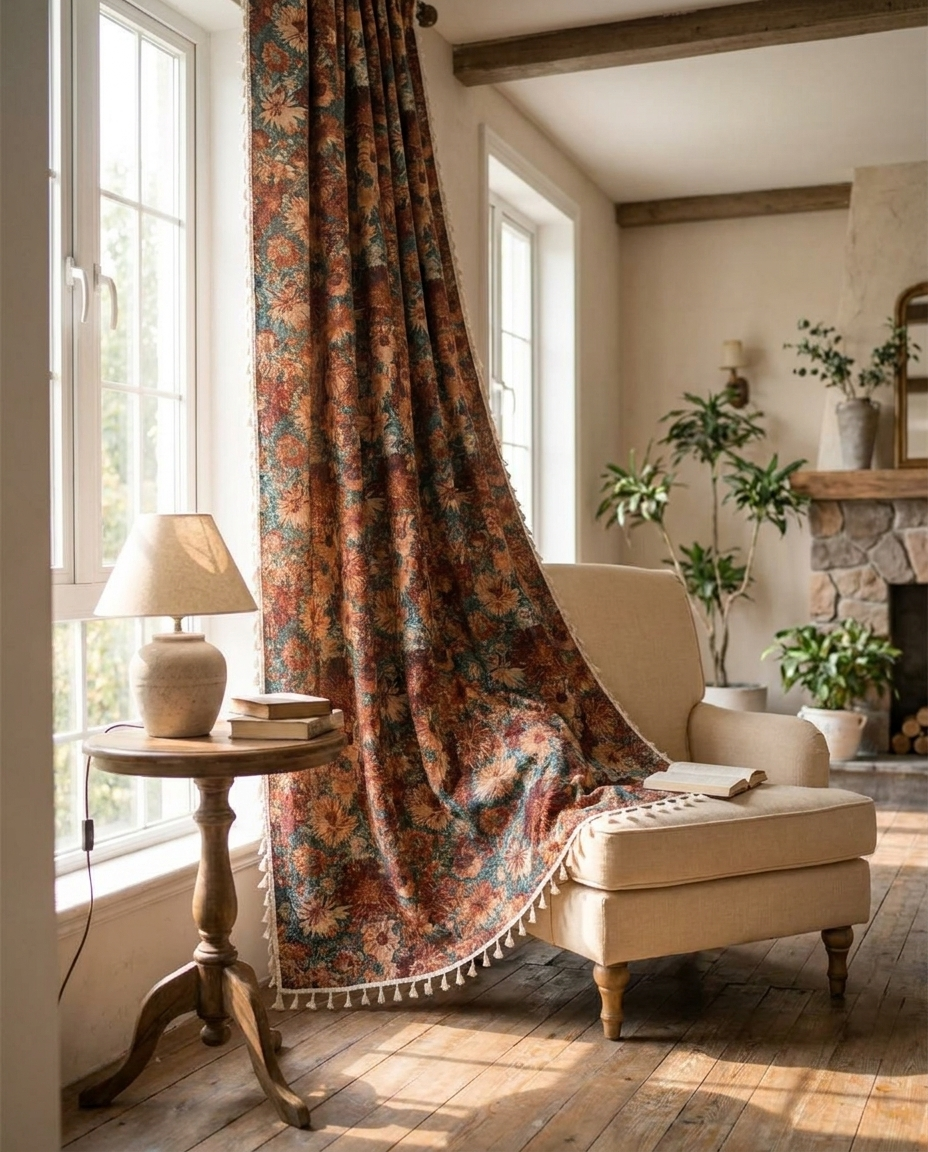 French Vintage Floral Tapestry Curtain - Bloom Green
