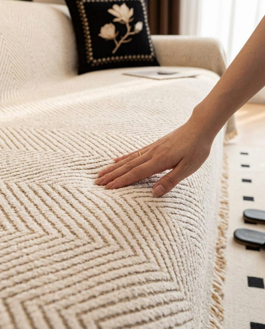 Stripe Herringbone Sofa Cover - in use