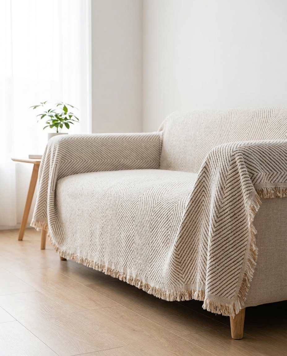 Stripe Herringbone Sofa Cover - Ivory Sand