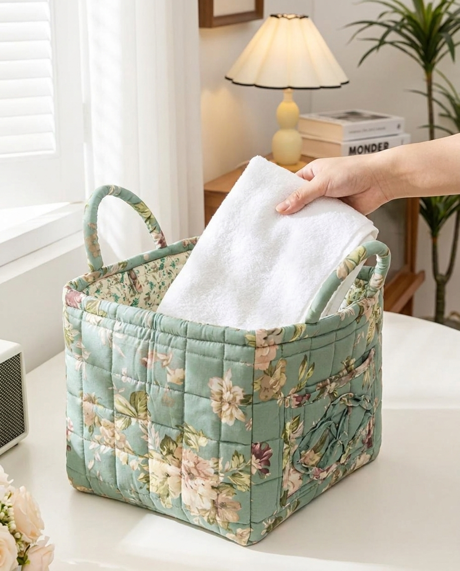 Delicate Floral Canvas Storage Basket - in use