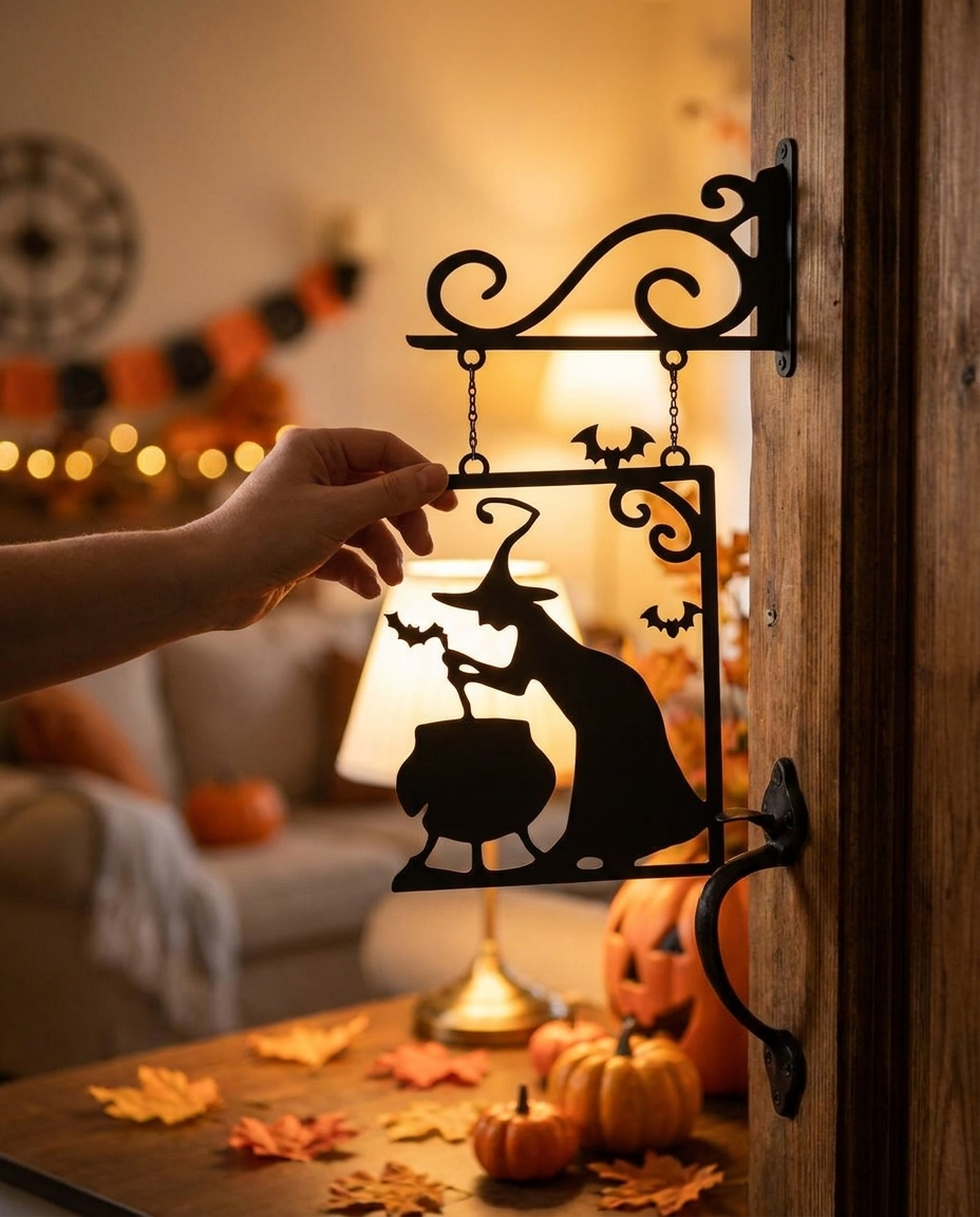 Witch Silhouette Metal Pendant - hanging in use