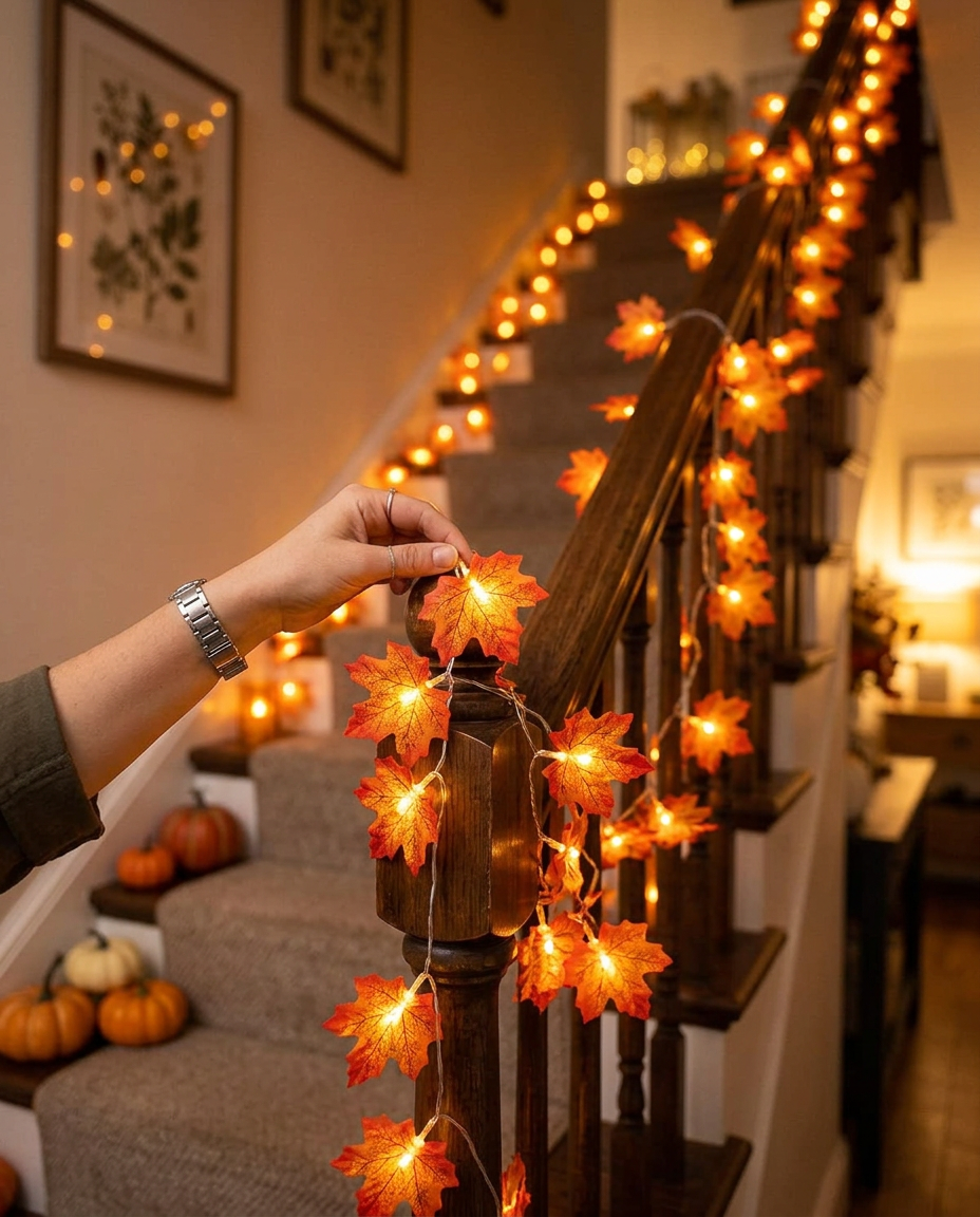 Maple Leaf Lantern Garland - in use staircase