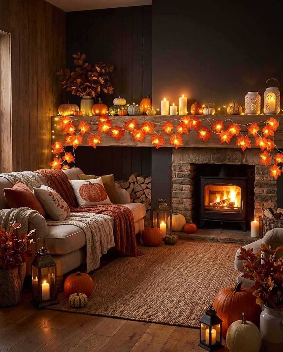 Maple Leaf Lantern Garland - wide living room