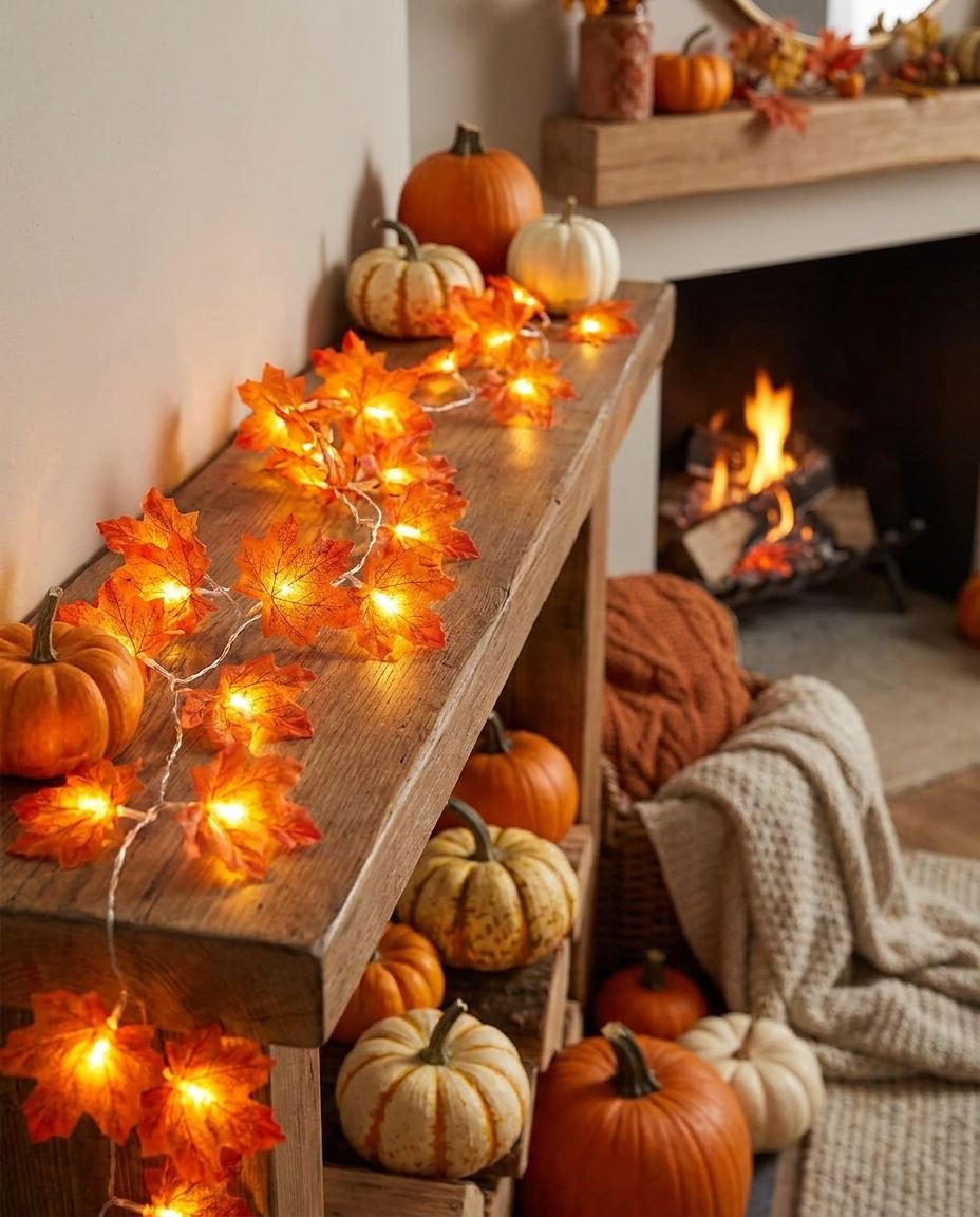 Maple Leaf Lantern Garland - hero mantel