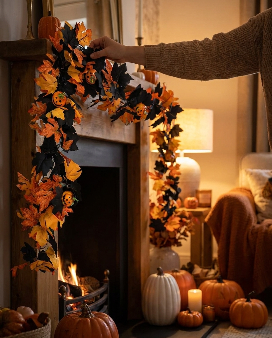 Pumpkin Maple Vine Witch Wreath - in use fireplace