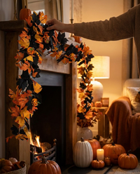 Pumpkin Maple Vine Witch Wreath - in use fireplace