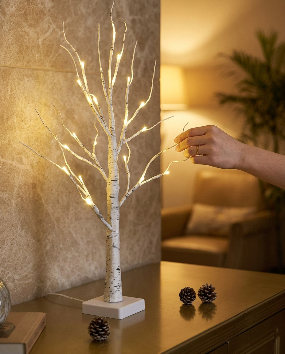 Lighted Birch Tree Decor - in use