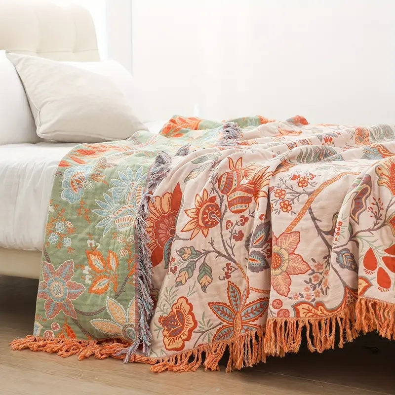 Boho Floral Throw Blanket 100% Cotton - Rustic Fringe Bedspread - Sofa & Bed