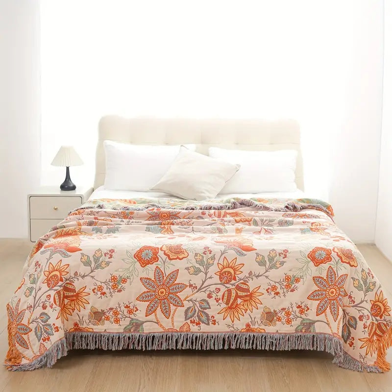 Boho Floral Throw Blanket 100% Cotton - Rustic Fringe Bedspread - Sofa & Bed