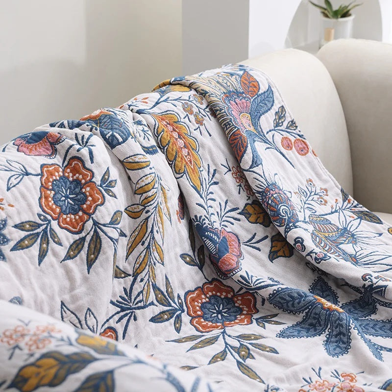 Rustic Artistic Floral Throw Blanket 100% Cotton - Reversible Jacquard Print with Tasselsc