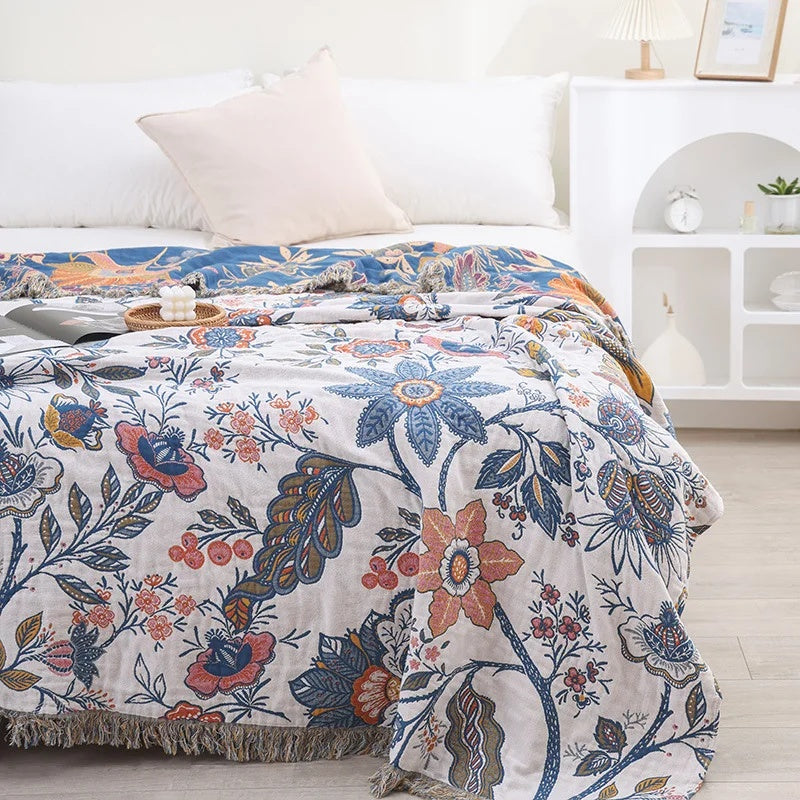 Rustic Artistic Floral Throw Blanket 100% Cotton - Reversible Jacquard Print with Tasselsc