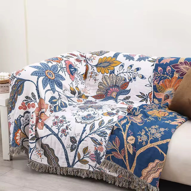 Rustic Artistic Floral Throw Blanket 100% Cotton - Reversible Jacquard Print with Tasselsc