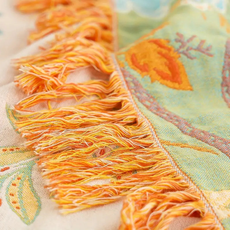 Boho Floral Throw Blanket 100% Cotton - Rustic Fringe Bedspread - Sofa & Bed
