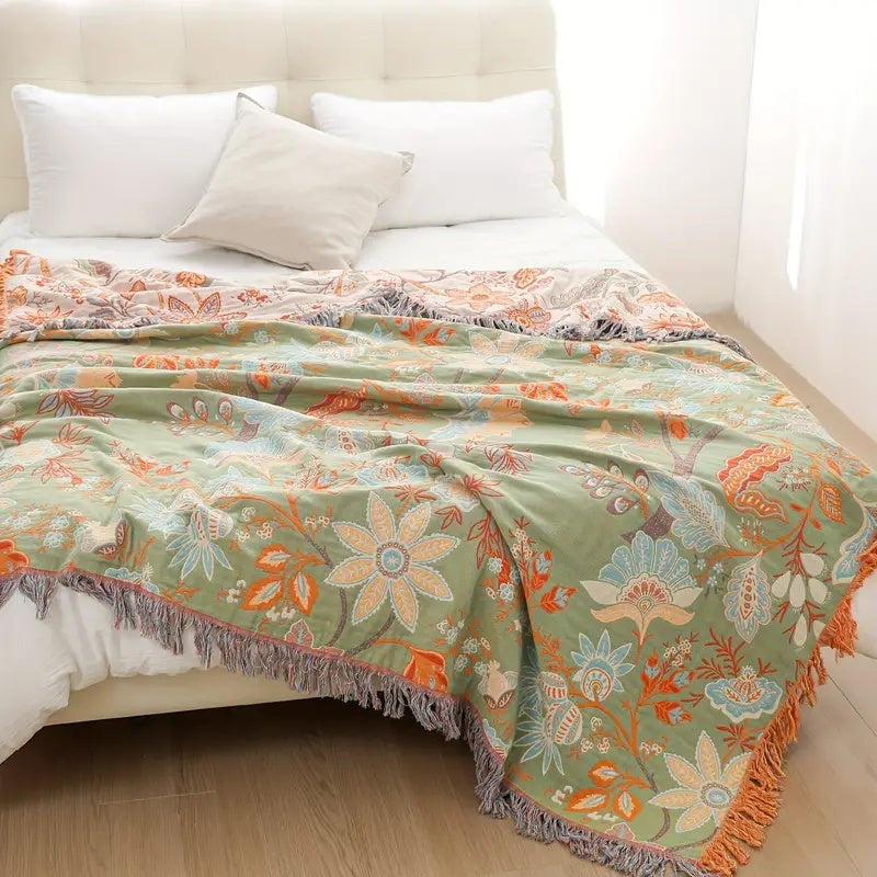 Boho Floral Throw Blanket 100% Cotton - Rustic Fringe Bedspread - Sofa & Bed