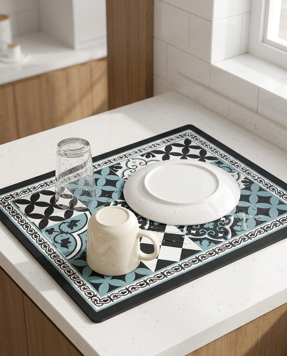 Retro Tile Design Absorbent Coffee Mat - Azure Tile