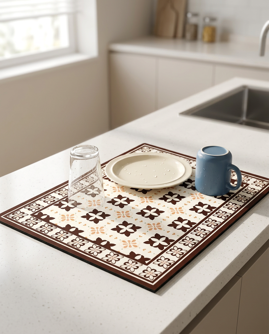 Retro Tile Design Absorbent Coffee Mat - Floral Wood
